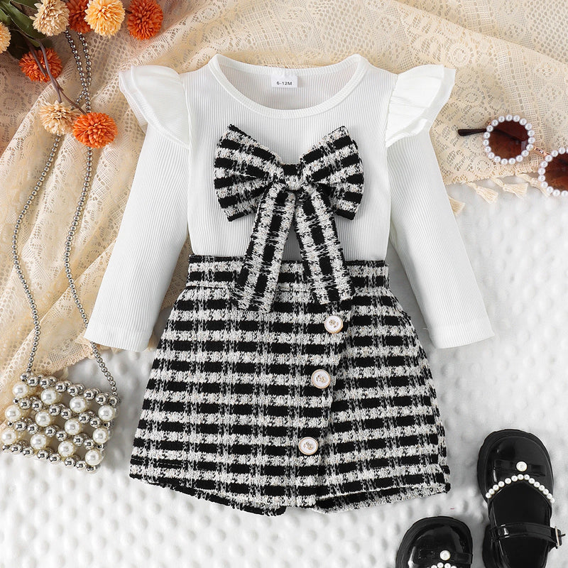 Conjunto Outono para Meninas 0-4 Anos - Blusa com Laço e Saia Xadrez